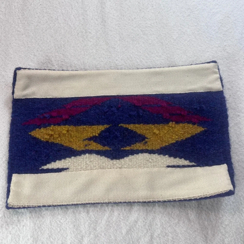 Vintage Southwestern Handwoven Wool Rug Small Tapestry Blue Eagle Geometric 11x7